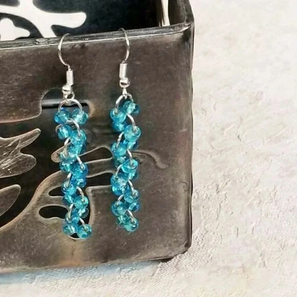 Hand Crafted Glass Bead Cascade Drops Dangle Earrings Blue and Silver - Picture 1 of 1